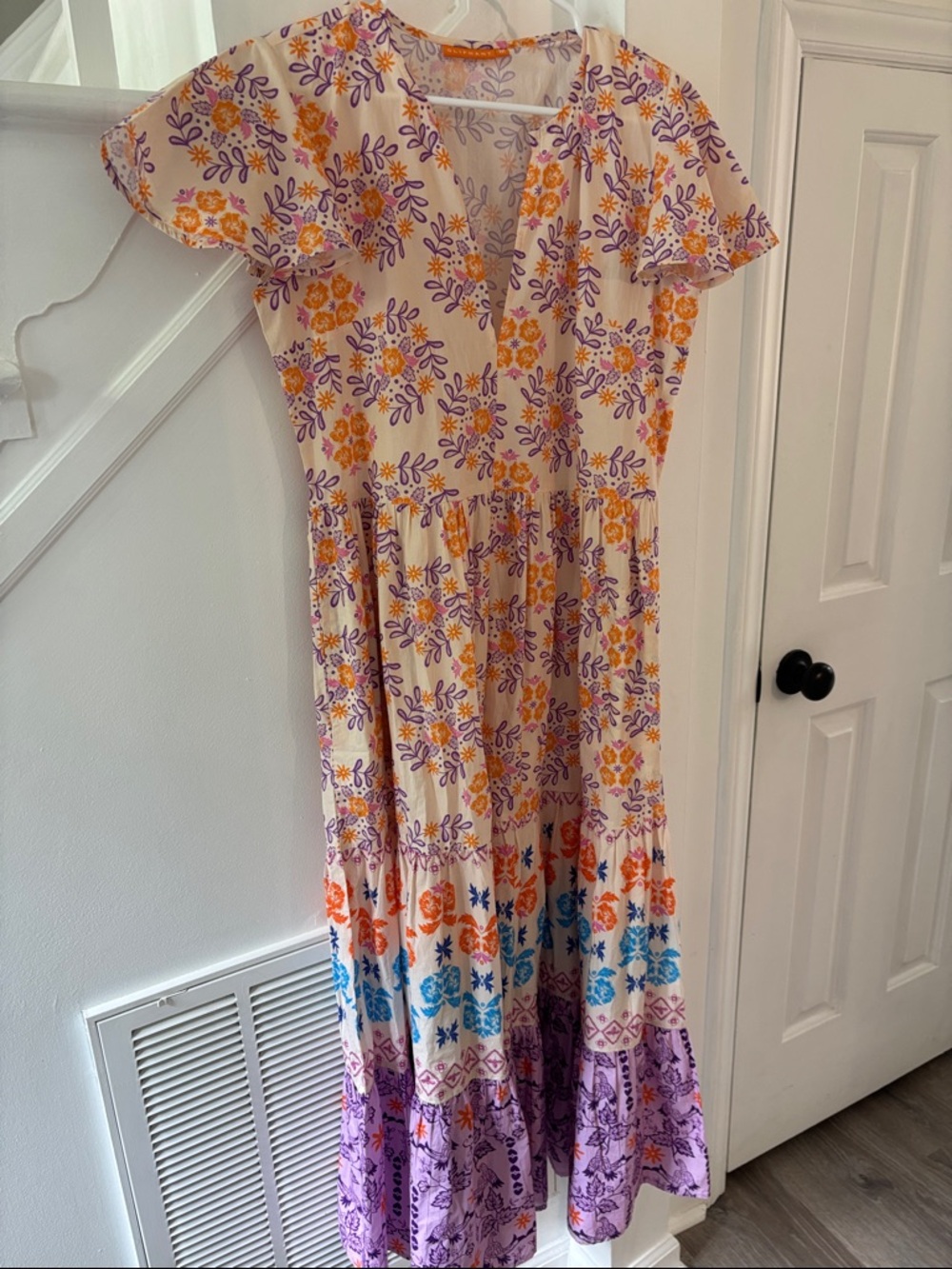 Oliphant Cream Maxi Dress with Purple, Yellow & Blue Floral Print